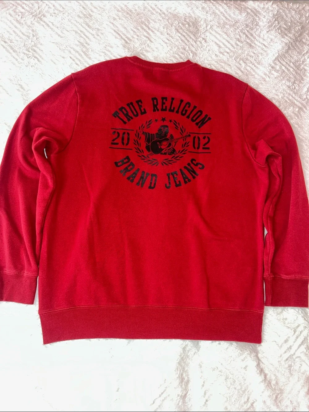 True Religion Red Crewneck Sweatshirt with Black Horseshoe Logo